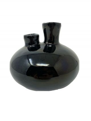 Vtg Glossy Black Ceramic Double Spout Ikebana Weed Pot Vase Pottery