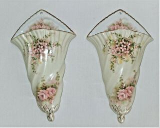 Victorian Bisque Porcelain Wall Pocket Vase Roses And Gold Matching Pair Vintage