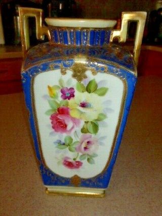 Nippon Vase Two Handles Moriage Hand Painted Flowers Gilded 9 " Tall Porcelain