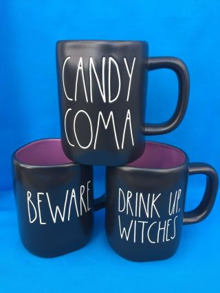 Rae Dunn Black Drink Up Witches,  Beware & Candy Coma Halloween Mug Set Of 3