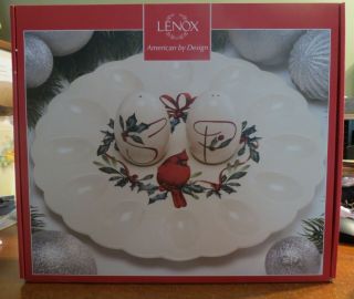 Lenox Holiday Deviled Egg Platter Dish W/ Salt & Pepper Set Nib
