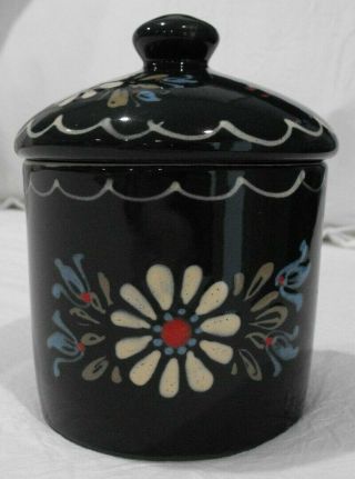 Vintage French Alsace - France Pottery Small Crock With Lid Navy W/flowers