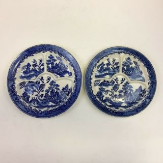 Moriyama Blue Willow Divided Grilled Plate 10 3/4 " Set Of 2 Vintage Made Japan