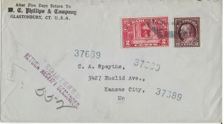 1914 Registered Return Receipt Cover From Glastonbury,  Ct To Kansas City Mo (q2)