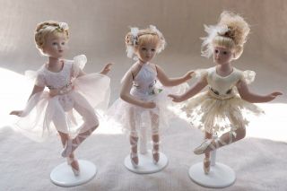 3 Porcelain Ballerina Dolls 6” With Stands