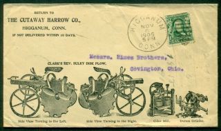 1905 Cutaway Harrow Co.  Farm Machinery Advertising Cover,  Higganum Conn,  1¢ Tied