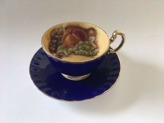 Aynsley Cobalt Blue Footed Cup And Saucer With Fruit Center
