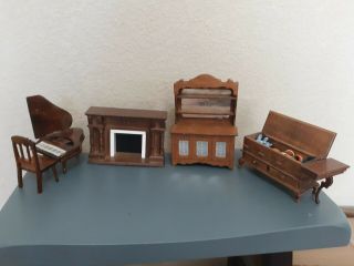Dollhouse Miniature Furniture Piano With Chair,  Fireplace,  Toy Chest W/ Toys,