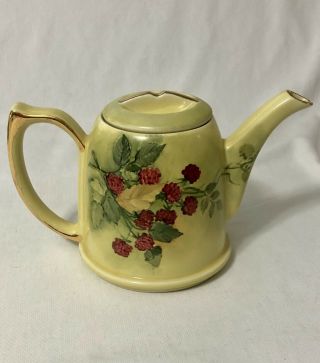 Vintage Hall Yellow & Gold Teapot Retro With Red Raspberries Farmhouse Pottery