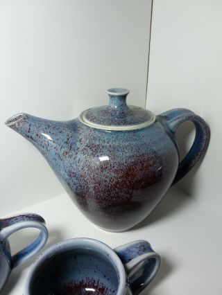 Teapot 2 Signed Handmade Clay Pottery Stoneware Coffee Cup Mug Blue Maroon