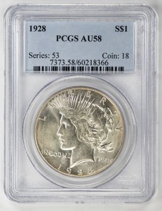 1928 Peace Silver Dollar $1 Pcgs Certified Au 58 About Uncirculated (366)