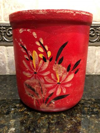 Vintage Robinson Ransbottom Yellow Ware Hand Painted Red Pottery Crock