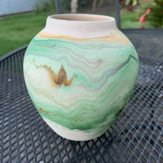 Vintage Nemadji Usa Pottery Orange & Teal Swirl Clay Vase
