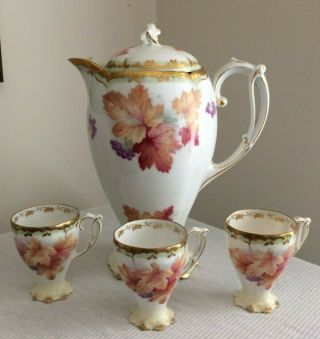 Vintage Bavaria Porcelain Grapes And Leaves Chocolate Pot And 3 Cups