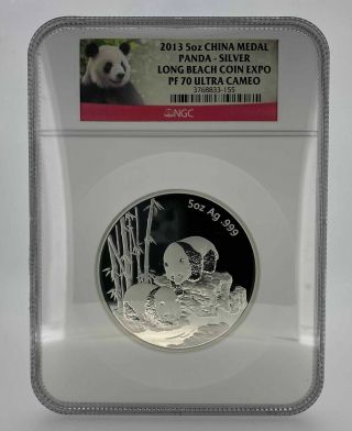 2013 5 Oz.  China Medal Panda Long Beach Coin Expo Pf70 Ultra Cameo