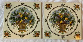 2 Vintage Delfts Handpainted Made In Holland Fruits Bowl Ceramic Tile 5 3/4 "