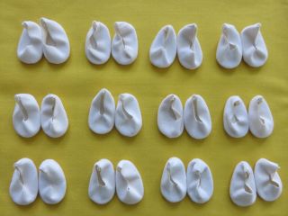 One Dozen (12) Pair Doll Shoes White Cloth For Ginny,  Madame Alexander 7 - 8 " Dolls