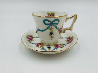 Crown Staffordshire Porcelain Blue Ribbon & Bow Demitasse Cup And Saucer