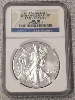 2011 - S Silver Eagle $1 Ngc Ms70 Early Releases 25th Anniversary Set