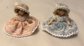 Vintage 2 Miniature Dolls Porcelain 3” Tall