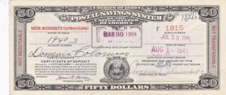 $50 Series Of 1939 Postal Savings System Certificate Paid Boston Ma Id10496
