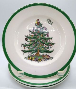 Set Of 4 Spode Christmas Tree Salad Plates Green Trim England Nwot Holiday Holly