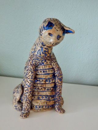 Cat Folk Art Pottery Sculpture Pen Brush Holder Ceramic Ooak Cat