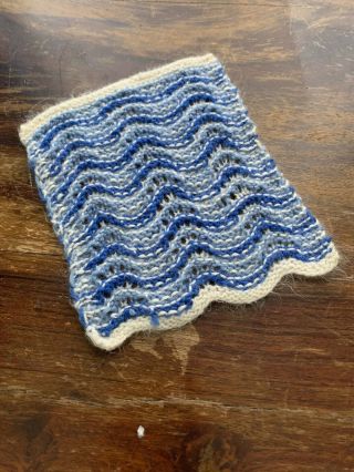 Vintage Miniature Artisan Dollhouse Hand Knitted Blanket Throw Blue Ivory
