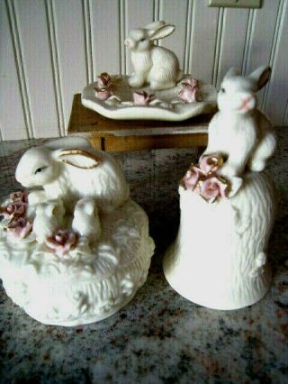 3 Pc Porcelain Bunny Rabbit & Roses Lidded Trinket Box - Bell & Ring Bowl