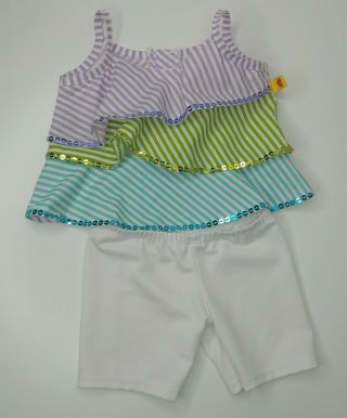 Build A Bear Two Piece Outfit Purple Green Blue Striped Sequin Top White Pants