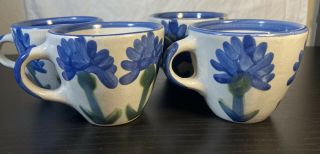 Set Of 4 Louisville Pottery Tea Cups Bachelor Buttons Blue Flowers Ky Stoneware
