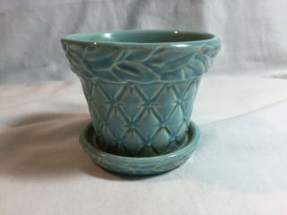 Vintage Mccoy Pottery Blue Quilted Diamond And Leaf 3 1/2” Flower Pot Planter