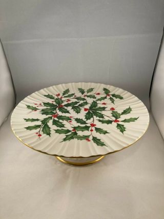 Gorgeous Footed Cake Plate,  Lenox China,  Holiday Pattern,  Christmas Holly,  Gold