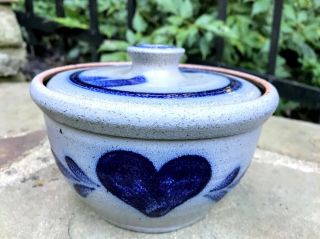 Vtg Rowe Pottery Salt Glazed Blue Stoneware Lidded Heart Bowl 5.  5 " Diam.  4 " Tall