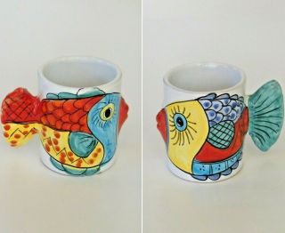 Set Of 2 Kissing Fish Mugs Made In Italy Hand Painted Coffee Cup Tail Handle