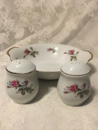 Moss Rose By Sango Round Vegetable Serving Bowl 8 3/4 " & Salt & Pepper Shakers