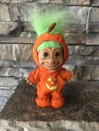 Halloween Russ Troll Doll 4 1/2” Green Hair Brown Eyes Pumpkin Costume