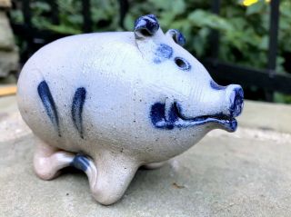 Vtg Rowe Pottery Salt Glazed Blue Stoneware Folk Art Farm Pig Piggy Bank