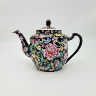 Fine Vintage Chinese Export Black Porcelain Teapot W.  Raised Enamel Flowers