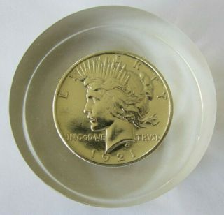 Rare Vintage Key Date 1921 Peace Silver Dollar Puck Shaped Lucite Paperweight