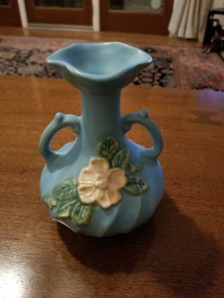 Vintage Blue 6 " Weller Pottery Double Handle Vase " Magnolia " Motif Pottery