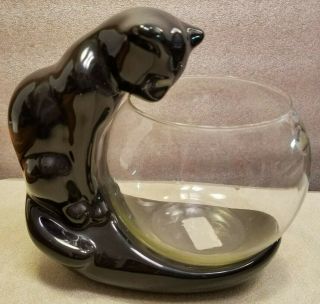 Vintage 1996 Haeger Pottery Cat Figure Solid Black 8 " Tall 8 " Long With Bowl