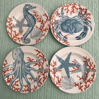 Four 222 Fifth Coastal Life Grenada Coral Blue Starfish Appetizer Side Plates