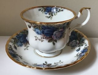 Royal Albert Moonlight Rose Tea Cup And Saucer Set Blue Flowers Gold Gilded Trim