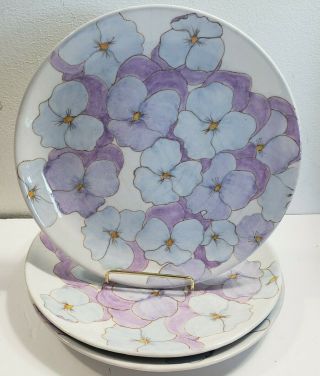 Set Of 3 Ernestine Salerno Lilac Pansy Hand Painted Majolica 10 " Dinners Italy