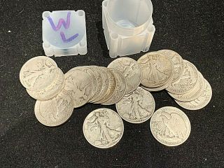 20 Circulated 1 Roll 90 Silver Walking Liberty Half Dollars $10 Face Full Date