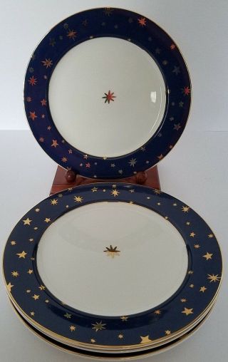 Galaxy Blue By Sakura Salad Dessert Plates 14k Gold Stars Rim 8 1/4 " Set Of Four