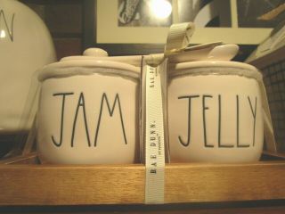 Rae Dunn 2020 " Jam/jelly " White 2 Cellar Set With 2 Ceramic Spoon Wood Tray
