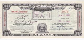 $10 Series Of 1939 Postal Savings System Certificate Paid Haven Ct W5123