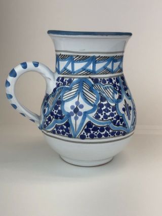 HAND CRAFTED PAINTED Sangria ART POTTERY PITCHER VASE MADE in TUNISIA 7”x7” X 2